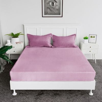 MAXQON Cotton Tc180 Fitted Bed Sheets + 2 Pillow Covers, Super king (200x200+25CM), Color Pink