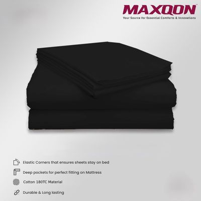 MAXQON Cotton Tc180 Fitted Bed Sheets + 2 Pillow Covers, Double (120x200+20CM), Color Black