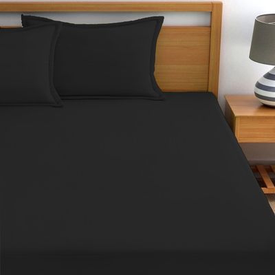 MAXQON Cotton Tc180 Fitted Bed Sheets + 2 Pillow Covers, Double (120x200+20CM), Color Black