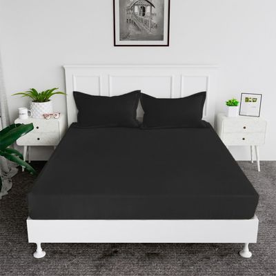 MAXQON Cotton Tc180 Fitted Bed Sheets + 2 Pillow Covers, Double (120x200+20CM), Color Black