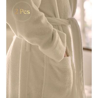 MAXQON Pack Of 2 - Bathrobes (Unisex) - 100% Cotton Terry Highly Absorbent Super Soft Bathrobes For Women & Men- Adult Size, Color White