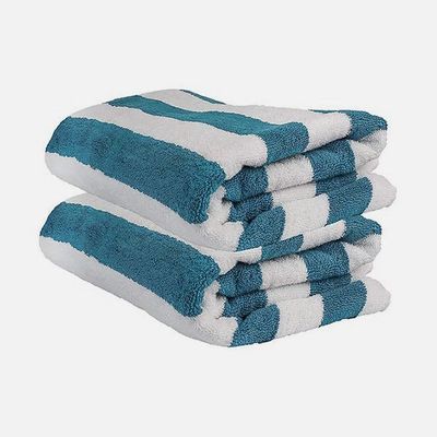 MAXQON Pack Of 2 - Beach Towel - 100% Cotton 600 GSM Over Sized (90x180cm), Highly Absorbent Bath Sheet For Pool, Beach, Fitness, Sports, Yoga, Color-Striped Turkish Blue