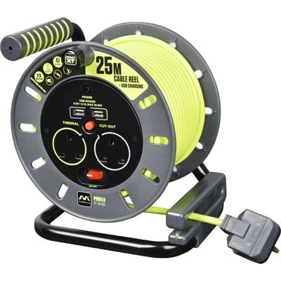 Masterplug OMU25132USL Pro-XT Four Socket Open 25 meter Cable Reel Extension Lead with Winding Handle and Two USB Charging Ports