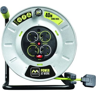 Masterplug OTLU40134SL Pro-XT Metal Steel Drum Four Socket 40 meter Open Cable Reel Extension Lead with Winding Handle, Thermal Cut Out and Power Switch