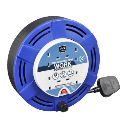 Masterplug MCT0813/4BL Four Socket 8 meter Cassette Reel Extension Lead,