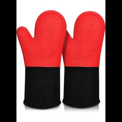 Silicone Oven Mitts with Quilted Lining Heat Proof Baking Gloves (Red)