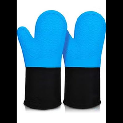 Silicone Oven Mitts with Quilted Lining Heat Proof Baking Gloves (Blue)