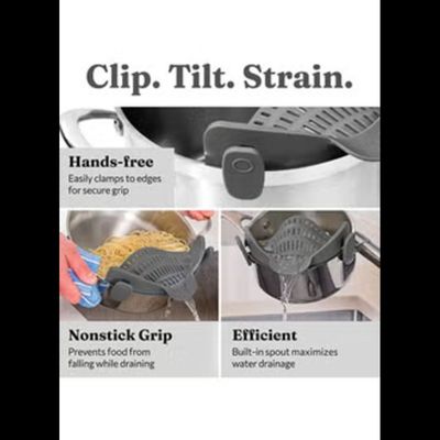 Mirfa Snap N Strain Pot Strainer and Pasta Strainer - Adjustable Silicone Clip On Strainer for Pots, Pans, and Bowls - Gray 