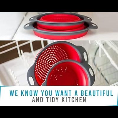 Mirfa Food-Grade Silicone Round Collapsible Colander Kitchen Strainer (2Pcs - Red)