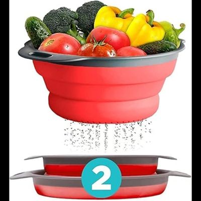 Mirfa Food-Grade Silicone Round Collapsible Colander Kitchen Strainer (2Pcs - Red)