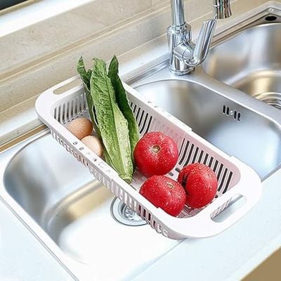 Extendable Kitchen Sink Colander Strainer Basket (White)