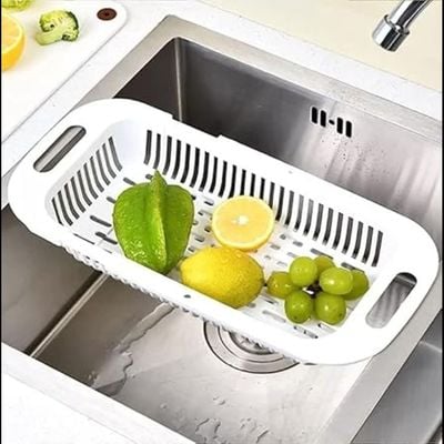 Extendable Kitchen Sink Colander Strainer Basket (White)