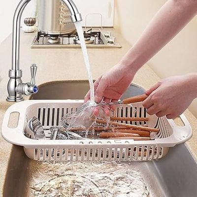 Extendable Kitchen Sink Colander Strainer Basket (White)