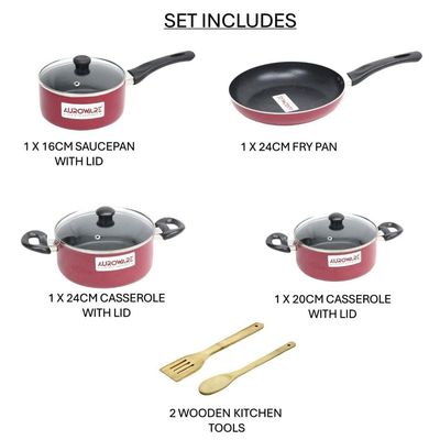 Auroware 9 Pcs Non Stick Cookware Pots and Pans Set Aluminium Dishwasher safe 2 Casserole with lid 1 Saucepan with Lid 1 Frying pan 2 Kitchen Utensils