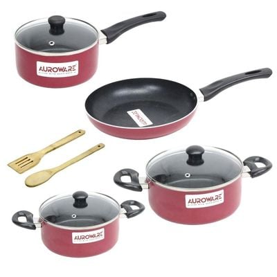 Auroware 9 Pcs Non Stick Cookware Pots and Pans Set Aluminium Dishwasher safe 2 Casserole with lid 1 Saucepan with Lid 1 Frying pan 2 Kitchen Utensils