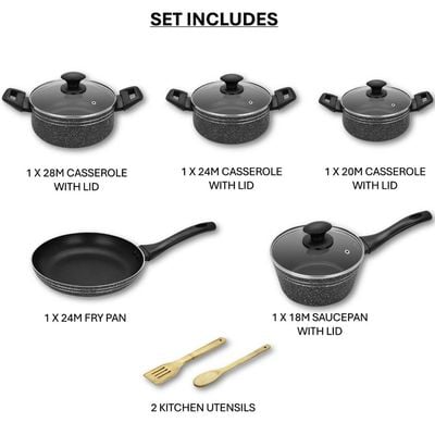 Auroware 11 Pcs Non Stick Cookware Pots and Pans Set Aluminium Dishwasher safe 3 Casserole with lid 1 Saucepan with Lid 1 Frying pan 2 Kitchen Utensils