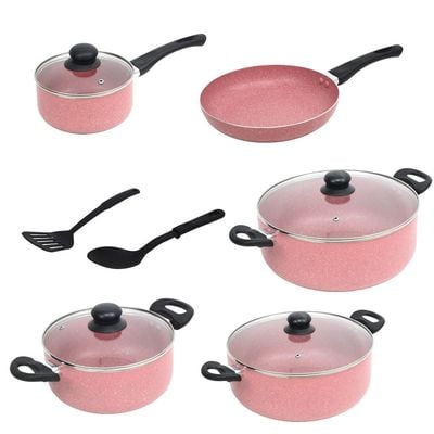 Auroware 11 Pcs Non Stick Cookware Pots and Pans Set Aluminium Dishwasher safe 3 Casserole with lid 1 Saucepan with Lid 1 Frying pan 2 Kitchen Utensils