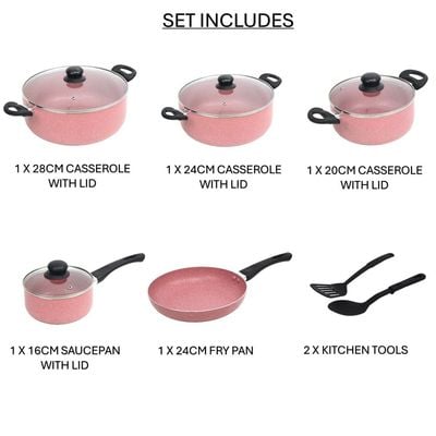 Auroware 11 Pcs Non Stick Cookware Pots and Pans Set Aluminium Dishwasher safe 3 Casserole with lid 1 Saucepan with Lid 1 Frying pan 2 Kitchen Utensils