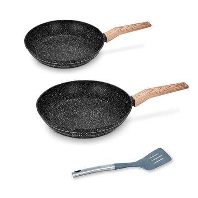 Auroware 3 Pcs Non Stick Frying Pan Set Forged Aluminium Dishwasher safe Kitchen Cookware PFOA Free 2 Fry pan and 1 Slotted Spoon