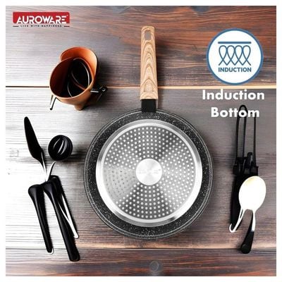 Auroware 3 Pcs Non Stick Frying Pan Set Forged Aluminium Dishwasher safe Kitchen Cookware PFOA Free 2 Fry pan and 1 Slotted Spoon