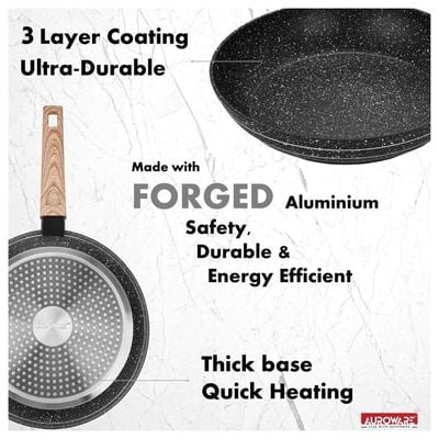 Auroware 3 Pcs Non Stick Frying Pan Set Forged Aluminium Dishwasher safe Kitchen Cookware PFOA Free 2 Fry pan and 1 Slotted Spoon