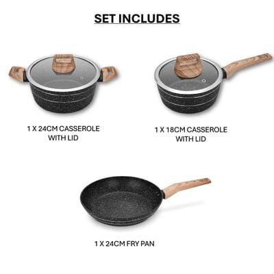 Auroware 5 Pcs Non Stick Cooking Pots and Pan Set Forged Aluminium Dishwasher safe Kitchen Cookware PFOA Free 1 Casserole and 1 Saucepan with lid 1 Fry pan