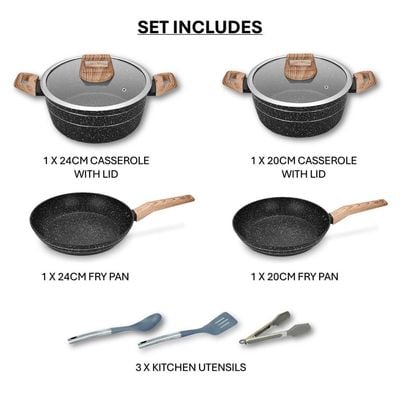 Auroware 9 Pcs Non Stick Cooking Pots and Pan Set Forged Aluminium Dishwasher safe Kitchen Cookware PFOA Free 2 Casserole and 2 Frying pan 3 Kitchen Utensils