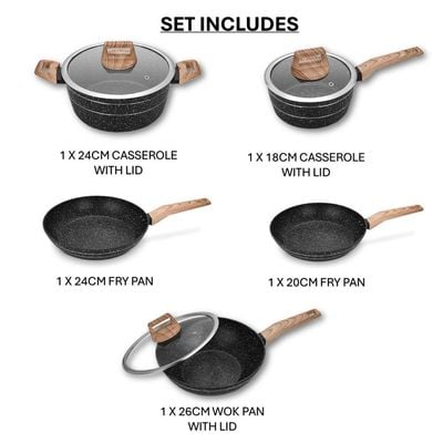 Auroware 8 Pcs Non Stick Cooking Pots and Pan Set Forged Aluminium Kitchen Cookware PFOA Free 1 Casserole and 1 Saucepan with Lid 2 Frying pan 1 Wok pan with Lid