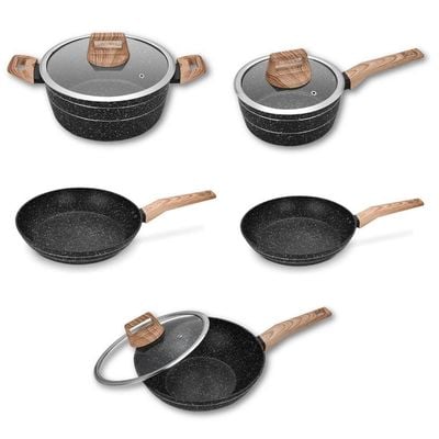 Auroware 8 Pcs Non Stick Cooking Pots and Pan Set Forged Aluminium Kitchen Cookware PFOA Free 1 Casserole and 1 Saucepan with Lid 2 Frying pan 1 Wok pan with Lid