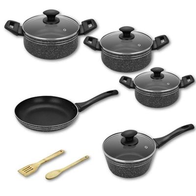 Auroware 11 Pcs Non Stick Cooking Pots and Pan Set Pressed Aluminium Kitchen Cookware PFOA Free 3 Casserole and 1 Saucepan with Lid 1 Frying pan 2 Kitchen Utensils