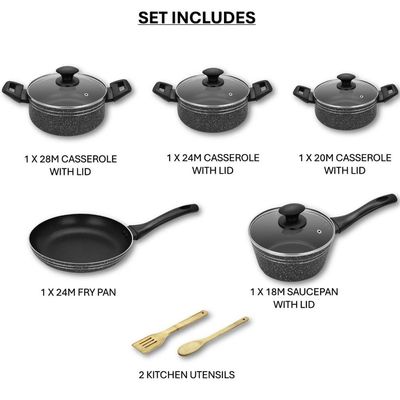 Auroware 11 Pcs Non Stick Cooking Pots and Pan Set Pressed Aluminium Kitchen Cookware PFOA Free 3 Casserole and 1 Saucepan with Lid 1 Frying pan 2 Kitchen Utensils