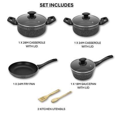 Auroware 9 Pcs Non Stick Cooking Pots and Pan Set Pressed Aluminium Kitchen Cookware PFOA Free 2 Casserole and 1 Saucepan with Lid 1 Frying pan 2 Kitchen Utensils