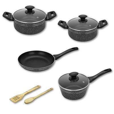 Auroware 9 Pcs Non Stick Cooking Pots and Pan Set Pressed Aluminium Kitchen Cookware PFOA Free 2 Casserole and 1 Saucepan with Lid 1 Frying pan 2 Kitchen Utensils