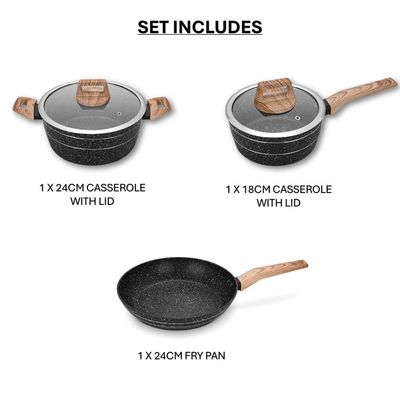 Auroware 3 Pcs Non Stick Frying Pan Set Pressed Aluminium Dishwasher safe Kitchen Cookware PFOA Free 2 Fry pan and 1 Slotted Spoon