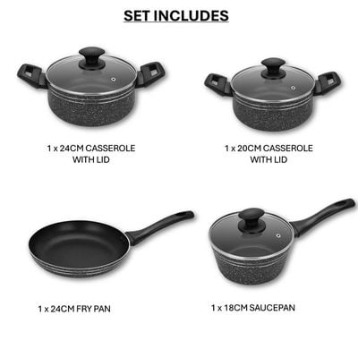 Auroware 7 Pcs Non Stick Cooking Pots and Pan Set Pressed Aluminium Kitchen Cookware PFOA Free 2 Casserole and 1 Saucepan with Lid 1 Frying pan 