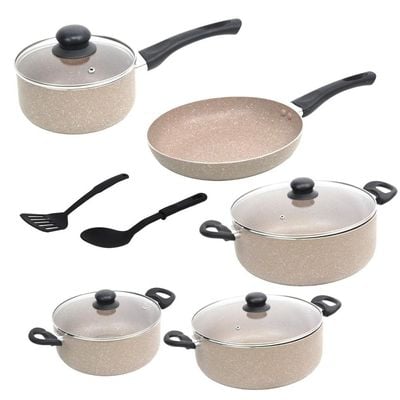 Auroware 11 Pcs Non Stick Cooking Pots and Pan Set Pressed Aluminium Kitchen Cookware PFOA Free 3 Casserole and 1 Saucepan with Lid 1 Frying pan 2 Kitchen Utensils