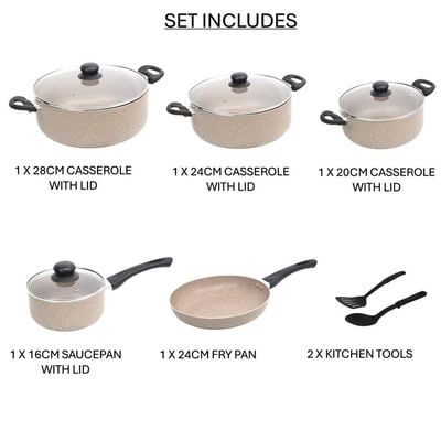 Auroware 11 Pcs Non Stick Cooking Pots and Pan Set Pressed Aluminium Kitchen Cookware PFOA Free 3 Casserole and 1 Saucepan with Lid 1 Frying pan 2 Kitchen Utensils