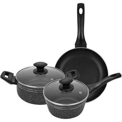 Auroware 5 Pcs Non Stick Cooking Pots and Pan Set Pressed Aluminium Kitchen Cookware PFOA Free 1 Casserole and 1 Saucepan with Lid 1 Frying pan 