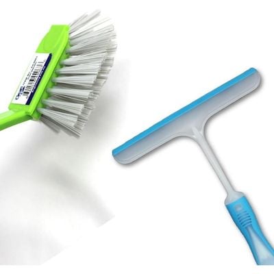 Clean & Care Cleaning Set Toilet Brush, Scrubbing Brush, Dish Brush and Wiper Squeezee Bathroom Floor Cleaning