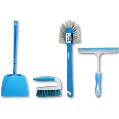 Clean & Care Cleaning Set Toilet Brush, Scrubbing Brush, Dish Brush and Wiper Squeezee Bathroom Floor Cleaning