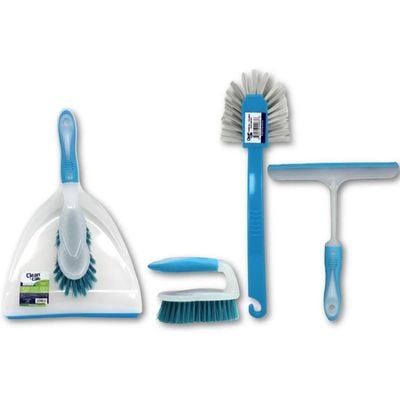 Clean & Care Cleaning Set Dust Pan with Brush Holder Dish Brush Scrubbing Brush with Handle and Hand Wiper - Window Squeegee (ASSORTED)