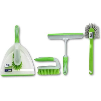 Clean & Care Cleaning Set Dust Pan with Brush Holder Dish Brush Scrubbing Brush with Handle and Hand Wiper - Window Squeegee (ASSORTED)