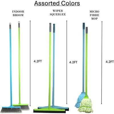 Clean & Care Cleaning Set Broom Wiper Squeegee Cotton Mop with Iron Stick and Two Refill for Home Bathroom kitchen Cleaning Durable and Strong (Assorted Color)