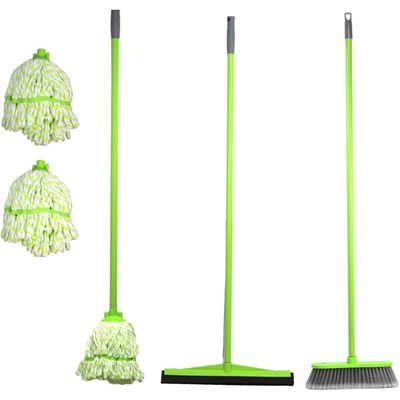 Clean & Care Cleaning Set Broom Wiper Squeegee Cotton Mop with Iron Stick and Two Refill for Home Bathroom kitchen Cleaning Durable and Strong (Assorted Color)