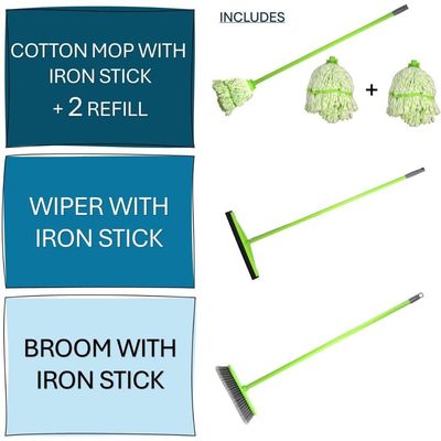 Clean & Care Cleaning Set Broom Wiper Squeegee Cotton Mop with Iron Stick and Two Refill for Home Bathroom kitchen Cleaning Durable and Strong (Assorted Color)