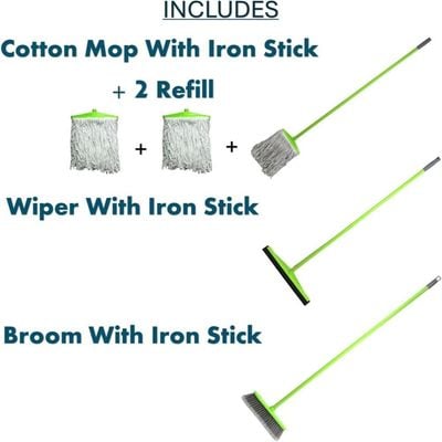 Clean & Care Cleaning Set Broom Wiper Squeegee Cotton Mop with Iron Stick and Two Refill for Home Bathroom kitchen Cleaning Durable and Strong (Assorted Color)