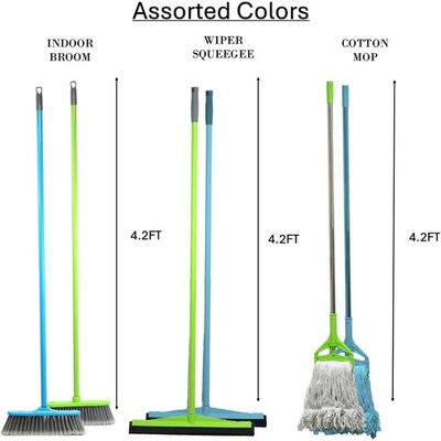 Clean & Care Cleaning Set Home Kitchen Broom with Stick, Wiper With Stick Cotton Mop with Iron Stick and Two Refill (Assorted Color)