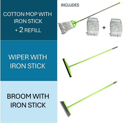 Clean & Care Cleaning Set Home Kitchen Broom with Stick, Wiper With Stick Cotton Mop with Iron Stick and Two Refill (Assorted Color)