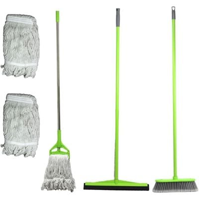 Clean & Care Cleaning Set Home Kitchen Broom with Stick, Wiper With Stick Cotton Mop with Iron Stick and Two Refill (Assorted Color)