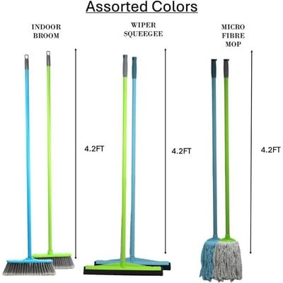 Clean & Care Cleaning Set for Home kitchen Broom Wiper Mop with Stick and Two Refill Easy to Clean Removable (Assorted Color)